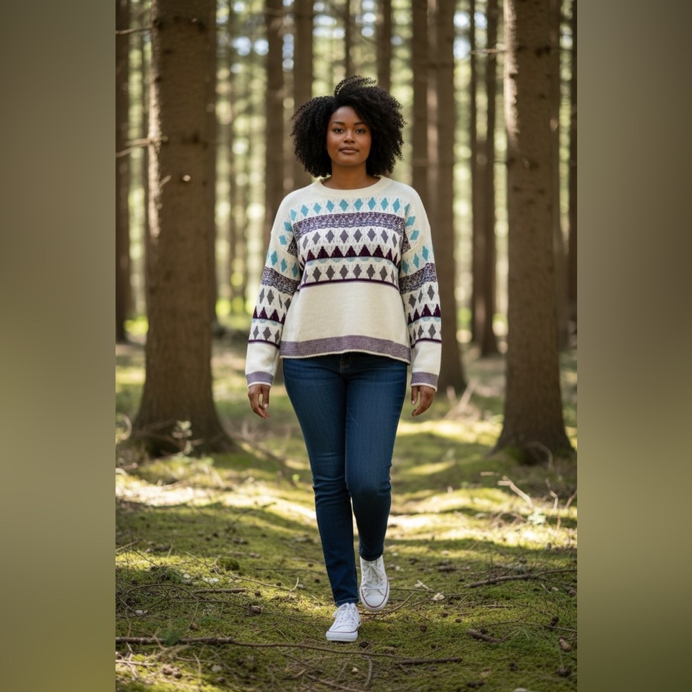 BloomChic Neutral Sweater with Pops of Teal